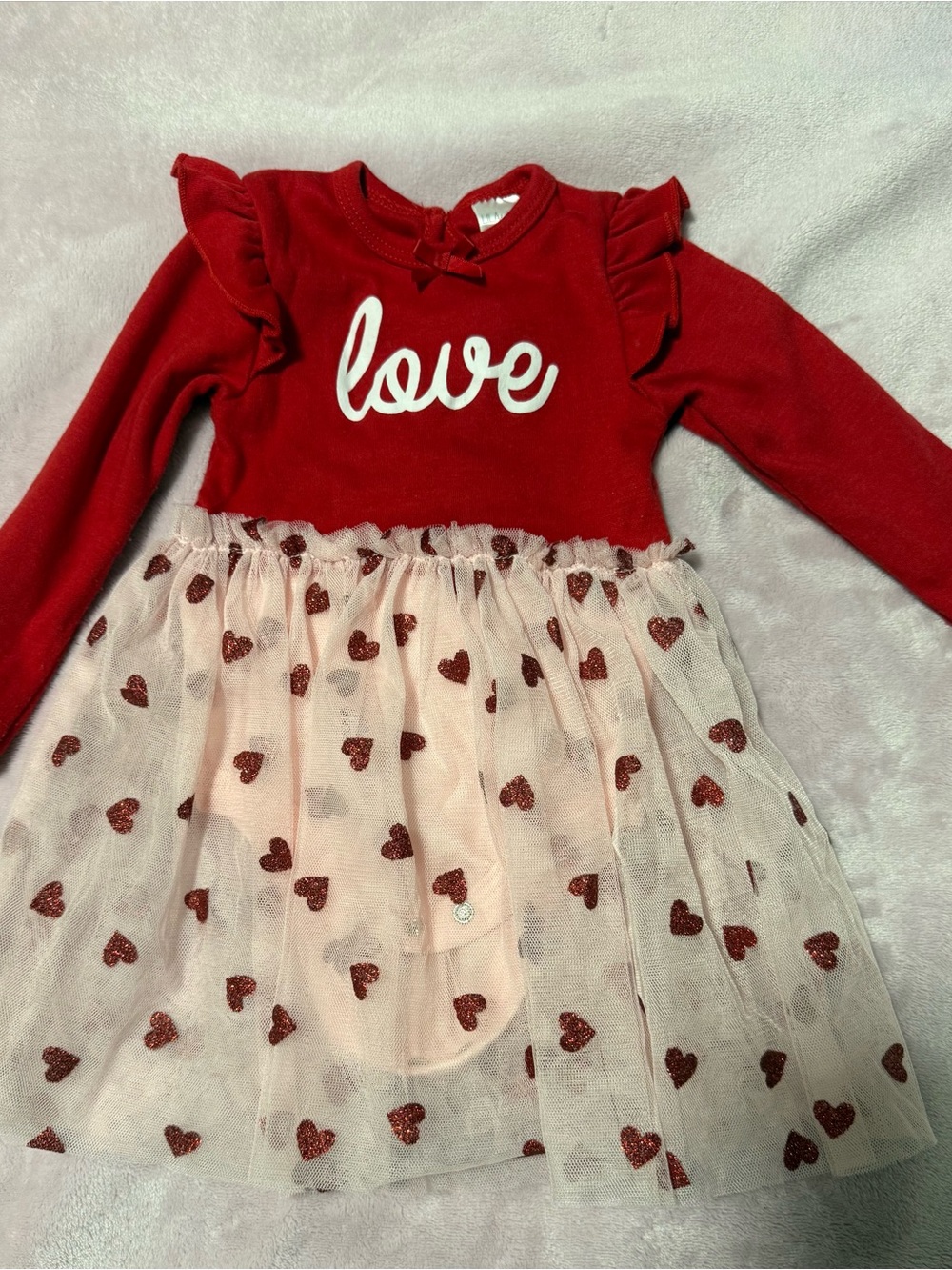 Girls Red 'Love' Long-Sleeve Heart Tulle Dress